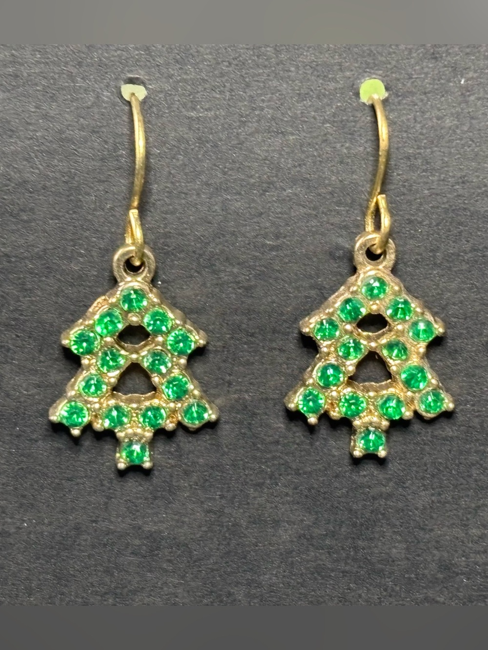 Gold-tone Christmas Tree Earrings with Emerald Green Crystal Accents